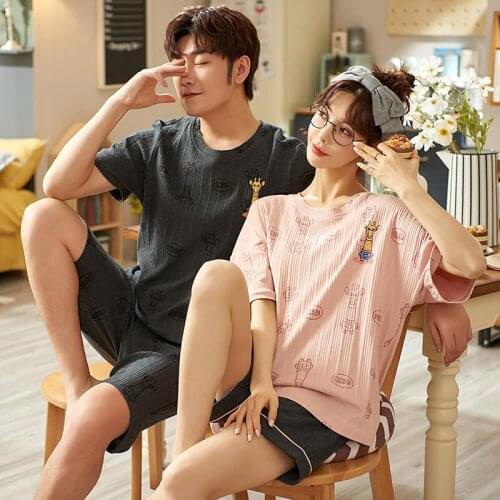 Fashion Cartoon Couple Pajamas Summer Cotton Short Sleeves Shorts Lovers Homewear Plus Size Nightwear Pink Cute Maiden Sleepwear