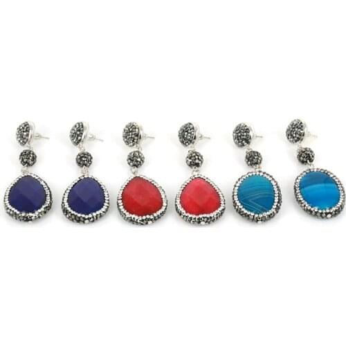 New Jewelry Water Drop Tear Drop Oval Dake Blue Red Blue White Pattern Semiprecious Stone Dangle Earrings For Women