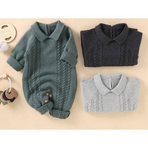 2021 Autumn Winter Newborn Baby Boy Girl Solid Color Long Sleeve Knitting Romper Jumpsuit Sweater Warm Clothes