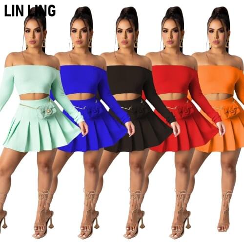 LINLING Women Long Sleeve Off Shoulder Crop Top Skater Skirts Set Club Sexy Party Dress 2 Piece Outfits