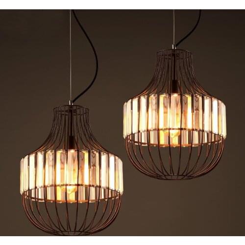 Retro industrial crystal iron cage pendant light personalized coffee bar living room restaurant hanging light