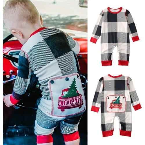 Newborn Baby Boy Girl Christmas Clothes Long Sleeve Romper Casual Toddler Plaid Back Print Xmas Jumpsuit