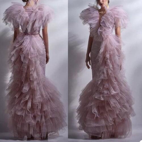 Tiered Ruffles Pink Tulle Prom Dresses V Neck Illusion Two Pieces Evening Party Gowns Sexy Short Sleeve Formal Wear