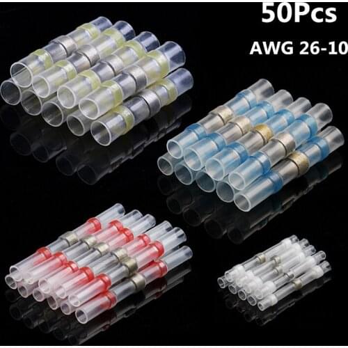 50Pcs Waterproof Wire Cable Soldering Terminal Solder Seal Heat Shrink Butt Wire Connectors Solder Sleeve For 26-10 AWG