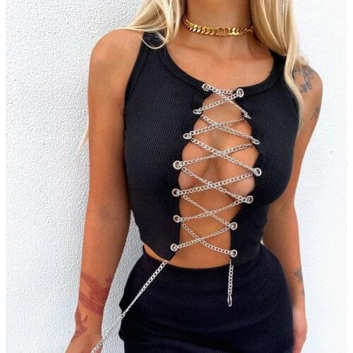 New Summer women pure black tank tops slim sexy short top with chain decoration top