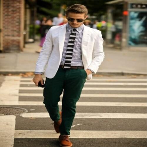 TPSAADE Design white jacket with green pants suit mens casual custom beach summer style suit jacket 2 Pieces Set for Wedding