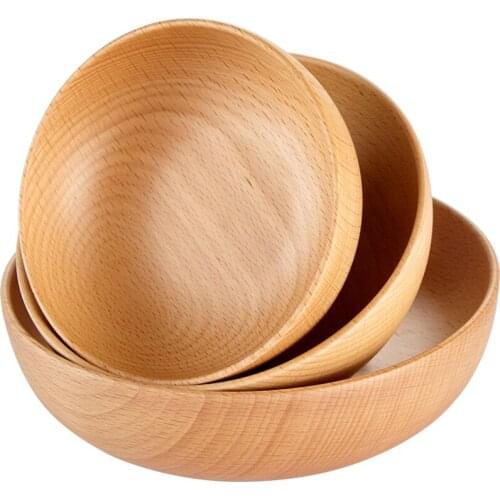 Japanese beech round bowl solid wood plate dried fruit storage dish wooden salad bowl tableware spoon fork set