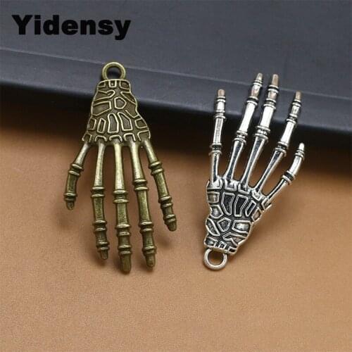 Yidensy 10pcs Vintage Carved Skeleton Hands Pendant 42*20mm Antique Bronze Silver Color Necklace Earring DIY Jewelry Findings