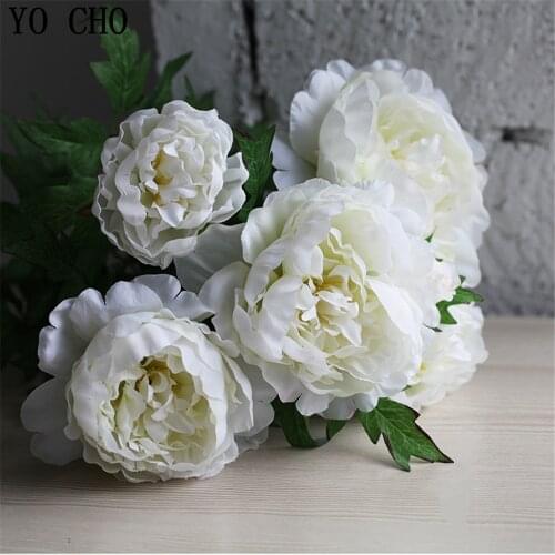 YO CHO Peony Bouquet Artificial Silk Flower Bridal White Peonies Wedding Bouquet Home Party Festival Decoration Christmas Wreath