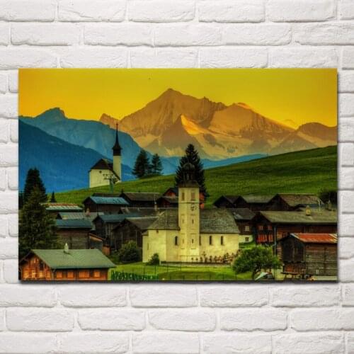 Sunset forest Gluringen home mountains Switzerland landscape JZK940 Living room home wall art decor wood frame fabric posters