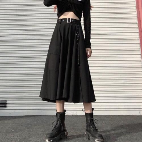 Korean Streetwear Harajuku Diablo Style Women Skirt Vintage Split Fork Design Punk Belt High Waist Asymmetrical A-Line Skirt