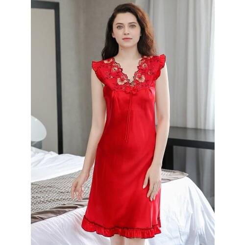 Women 100% Silk Nightgown Summer Flower Nightwear Hangzhou Natural Silk Nightdress Ladies Red Thin Sleepwear Sexy Night Dress
