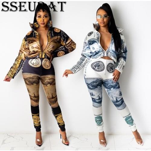 SSEURAT Women Two Piece Set Dollar Printed Long Sleeve Zip Up Jacket & Pants Set Autumn Casual Tracksuits