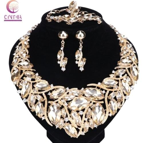 Women Bridal Jewelry Sets Wedding Crystal Necklace Earring Bracelet Ring For Brides Party Prom Costume Accessories Decoration