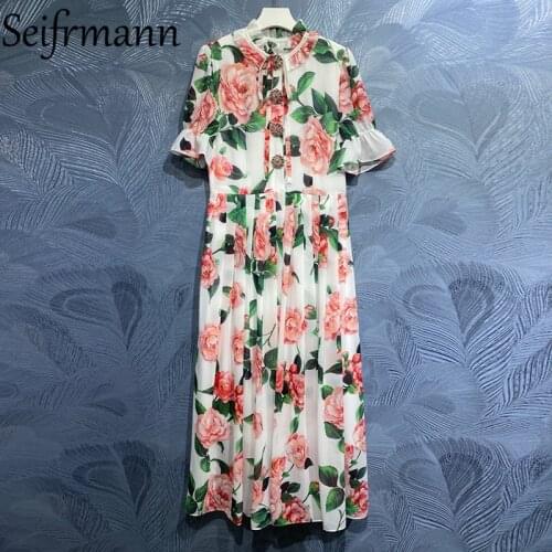 Seifrmann New 2021 Summer Women Fashion Designer Party Long Dress Flare Sleeve Single Breasted Ruffles Floral Print A-Line Dress