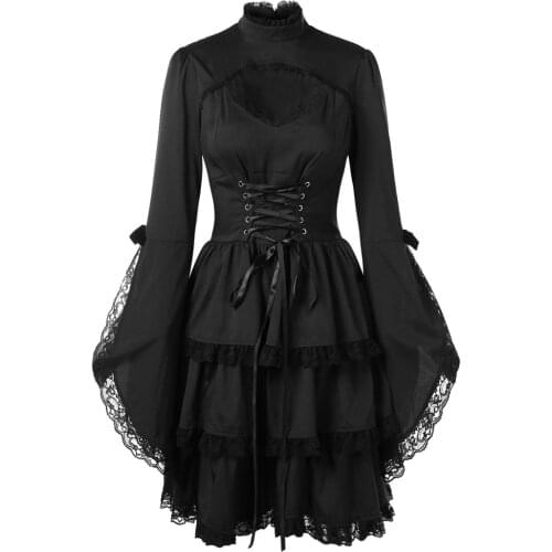 Women Gothic Punk Dress Long Flare Sleeve Sexy Black Mesh Sawing Mini Dress Vintage Elegant Lace Up Goth Retro Party Dresses