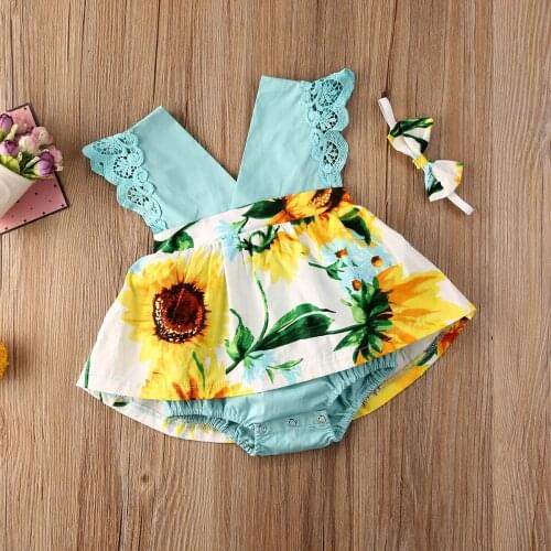 0-24M Baby Romper Newborn Infant Girls V-Neck Fly Sleeve Sunflower Print Jumpsuit + Headband 2pcs Sets