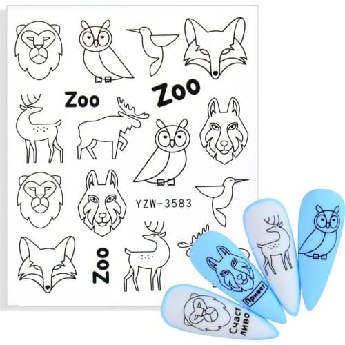 3D Black White Nail Art Stickers Water Transfer Geometric Animal Lion fox Deer Leaf Flower Nail Decal Manicure Watermark Decora