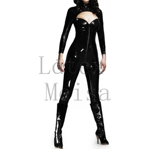 Black Zentai latex catsuit with high neck and low cut designs and attached back zip to abdomen for women