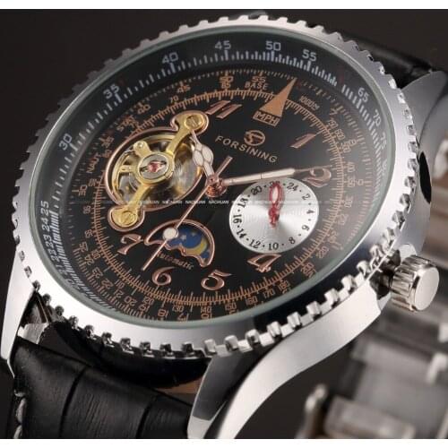 Forsining Tourbillon Design Moon Phase 24 hours Mens Watch Top Brand Luxury Luxury Watch Men Black Leather Strap Automatic Watch