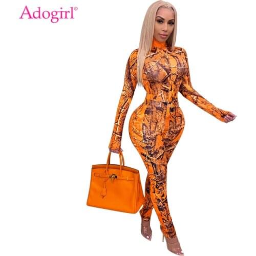 Adogirl Leaves Print Bodycon Two Piece Set Mock Neck Long Sleeve Top Pencil Pants Suit Fashion Streetwear Outdoor Fall Clothing