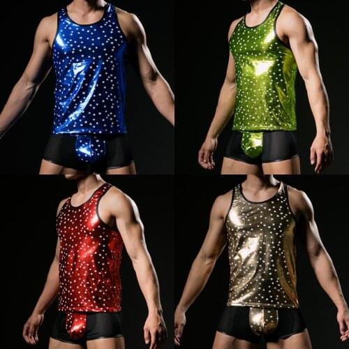 2018 Fashion Style Men Sexy Faux Leather Undershirt Erotic Fishnet Mesh Bodysuit Tops with Boxer Shorts Fetish Gay Male Lingerie