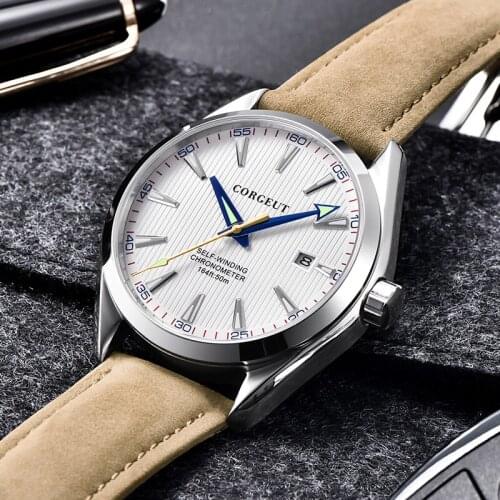 CORGEUT Brand High Quality 41mm White Dial Automatic Mens Watch Sapphire Crystal Auto Date Camel Strap Bracelet Clasp