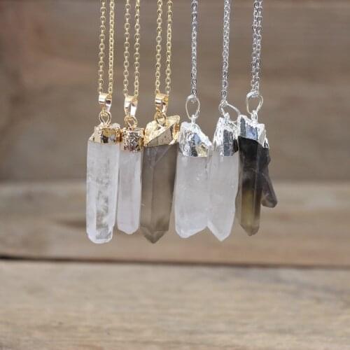 Raw Crystal Point Pendants Gold/Silvery Chains,Healing Reiki Rough Natural Smoky Quartzs Stick Necklace For Women Jewelry,QC3022