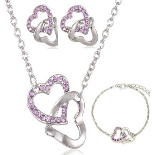 Double Heart Rhinestones Fashion Ladies Necklace Earrings Jewelry Sets Wedding Lovers Charms Women Gifts