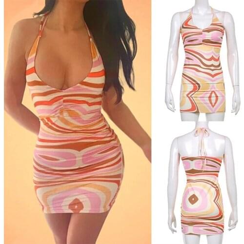 Print Y2K Mini Dresses Women Aesthetic Backless Halter Slinky Summer Dress Party Korean Cute Outfits