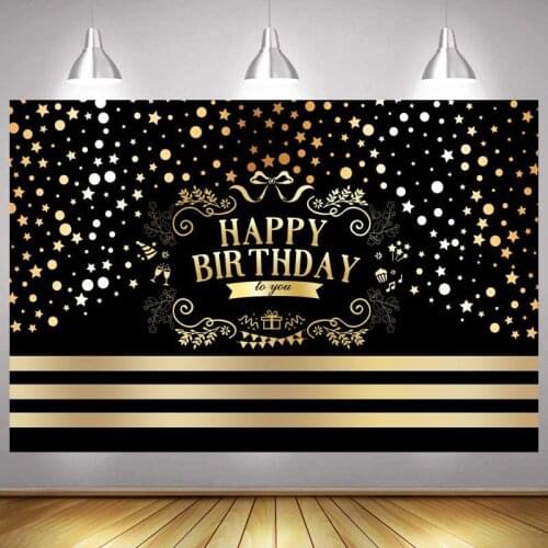 Happy Birthday Party Backdrop Sequin Stripe Black Gold Glitter Adult Photography Background Shining Dots Banner Photocall