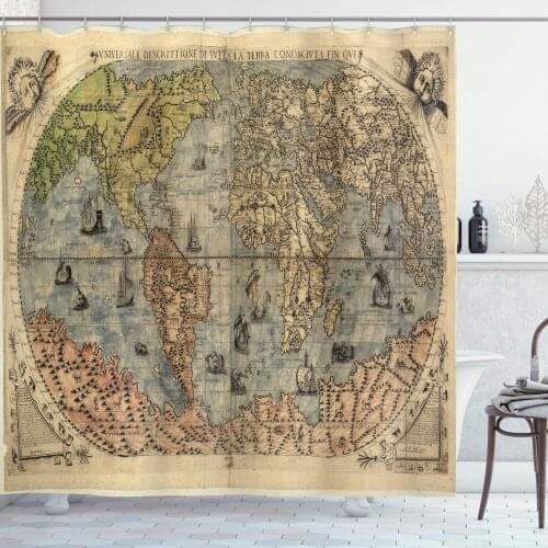 Cream Green Antique Shower Curtain Map World Global History Stained Paper Oceans Lands Vintage Atlas Bathroom Curtain