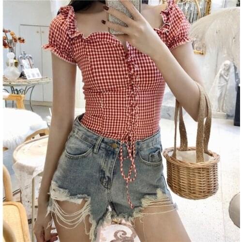 Bella Philosophy summer cotton linen square collar lace up bow tie short women blusas ruffles blouse plaid top shirts