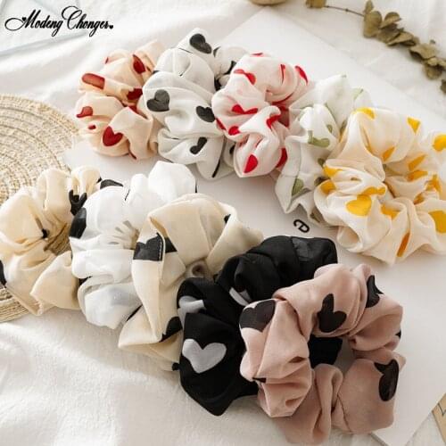 Women Elastic Hair Band Girl Headwear Fashion Silk Ponytail Holder Hair Tie Heart Print Chiffon Hair Scrunchies Accessories New