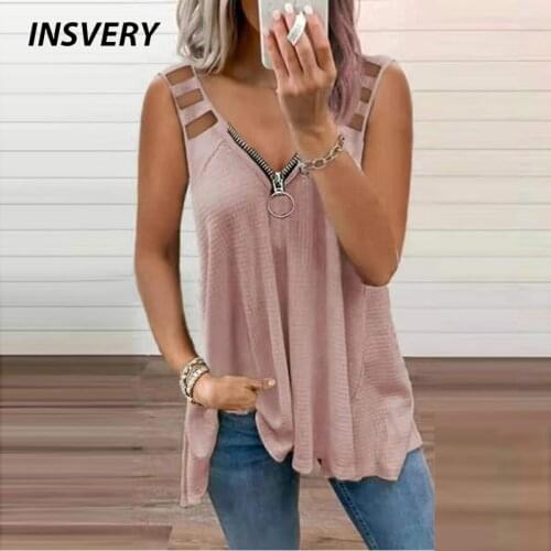 Women Tank Top Vest V Neck Zipper Hollow Out Solid Women T-shirt Loose Tops Ladies Shirt Plus Size Tee Sexy T Shirts For Women