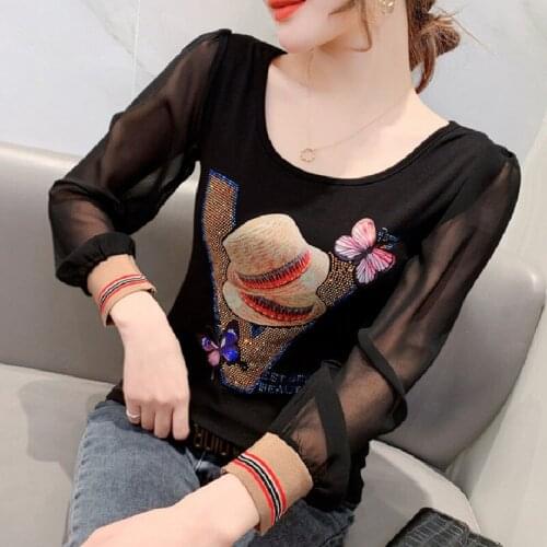 Han edition 2021 in early spring fashion chiffon long sleeve splicing female T-shirt color joker