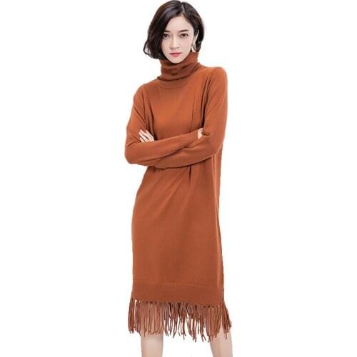 Women long Dresses 2020 new Autumn Winter Long Sleeve turtleneck Knit tassel wool dress Female sweaters Dress
