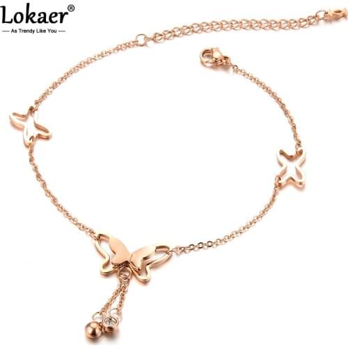 Lokaer Delicate Butterfly Pendant Women Anklets Jewelry Stainless Steel Fashion Cubic Zirconia Ankle For Women A19033