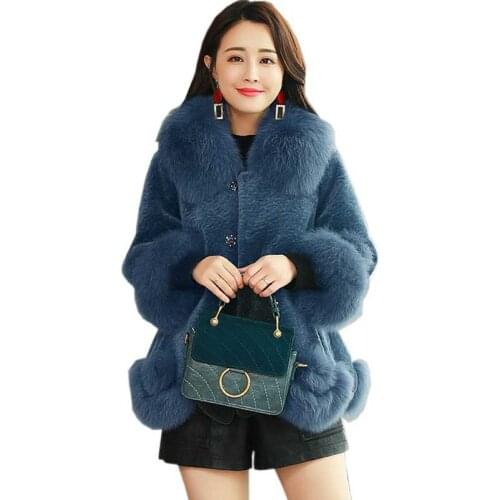 Women Faux Fur Coat with Genuine Fox Fur Collar Artificial Shorn Sheepskin Fur Jacket Winter Warm Short-Length Jacket Clothing