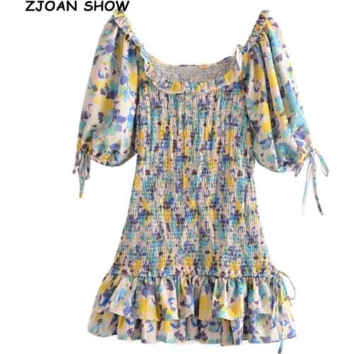2021 Summer Floral Print Elastic Ruched Dress Sexy Women Short Puff Sleeve Slim Mini Dresses French Ruffles Hem Holiday Robe