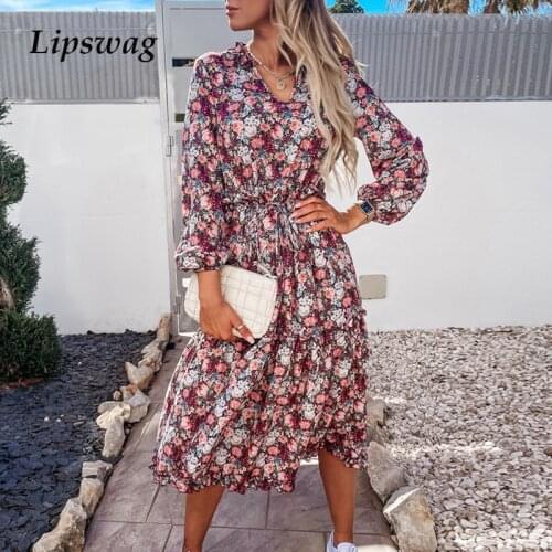 Retro Women Ruffles Floral Dress 2021 Spring Summer New Casual Long Sleeve V-Neck Party Dresses Elegant Lace-up High Waist Dress