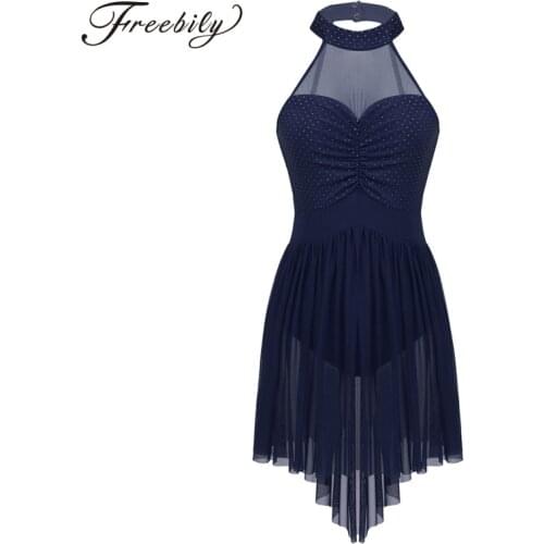 Women Contemporary Lyrical Dance Dresses Halter Neck Polka Dots Irregular Tulle Ballet Dance Dress Gymnastics Leotard Costumes