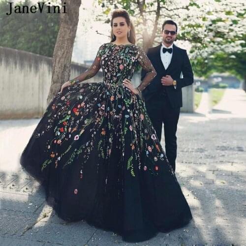 JaneVini 3D Floral Flowers Pattern Arabic Long Sleeve Dress Evening 2019 Scoop Neck Vintage Embroidery Tulle Black Prom Dresses