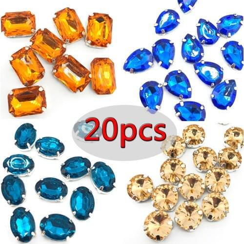 20pcs Mix Shape Size Octangle Crystal Glass Sew On Rhinestones Flatback White Sew On Silvery Claw For Wedding Garment