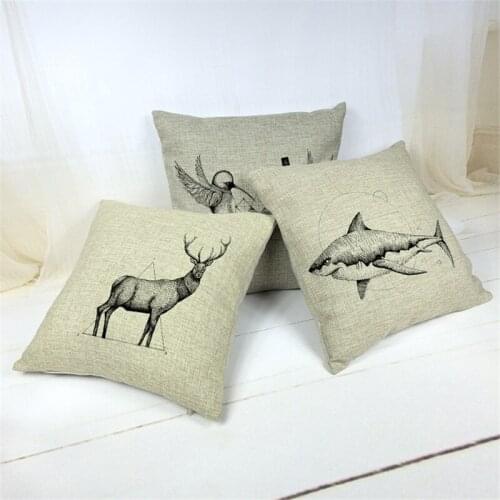 Free Shipping Cushion Cover Nordic Design Animal Deer Shark Small Bird Square Throw Pillow Case Vintage Home Decorative Pillows