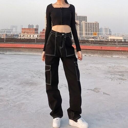 High Waist Black Pants For Women Casual Loose Straight Long Pants Pocket Stitching Vintage Jeans Female Street Trousers Ladies
