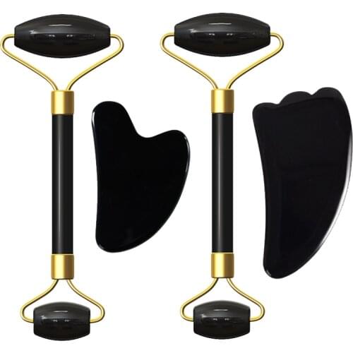 Black Obsidian Face Massage Roller Guasha Board Scraper Set Natural Stone Facial Jade Roller Massager Guasha Massage Beauty Tool