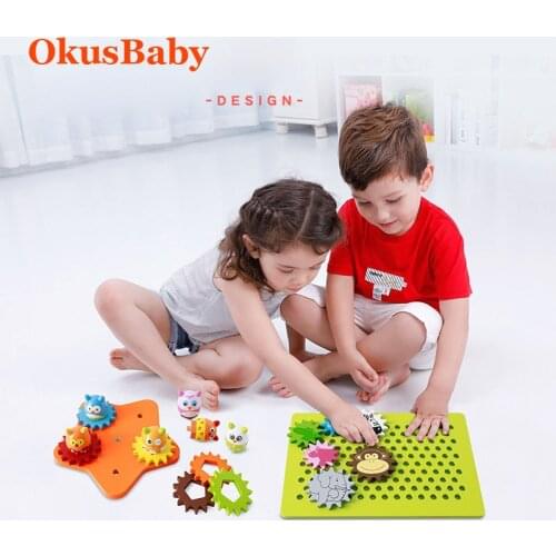 Colorful Wooden Children Early Educational Mechanical Gear Design Cartoon Animal Baby Building Blocks Combine Toy Set Pull Toy