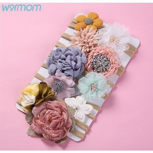 Warmom European American Childrens Bowknot Headdress Set 10 Flower Nylon seamless Headband Combination Baby Soft Headband