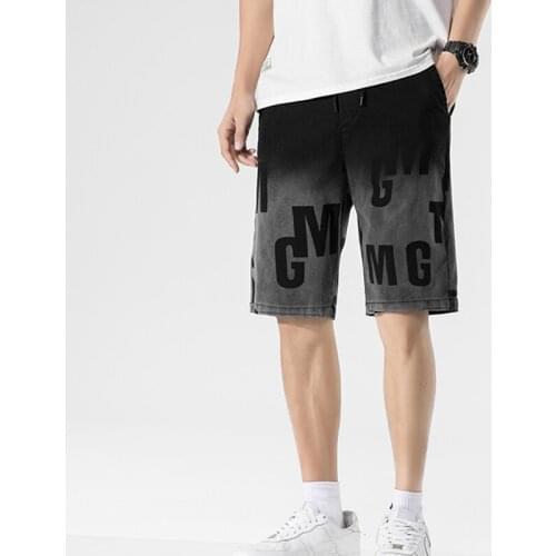 Casual Summer Denim Pants Hip Hop Letters Printed Black Grey Jeans Trousers Jogger Cotton Shorts Streetwear Knee Length Pants